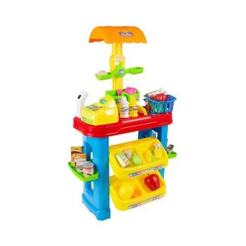 Trademark Global | Hey Play Kids Grocery Store Selling Stand - Supermarket Playset With Toy Cash Register, Scanner, Play Money, Shopping Basket And Food, 28 Pieces 