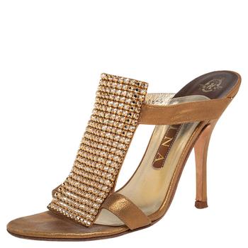 推荐Gina Gold Leather and Crystal Embellished Slide Sandals Size 38商品