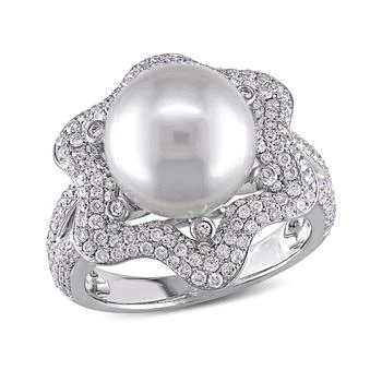 Macy's | South Sea Cultured Pearl (10-10.5mm) and Diamond (1 ct. t.w.) Floral Halo Cocktail Ring in 14k White Gold,商家Macy's,价格¥52752
