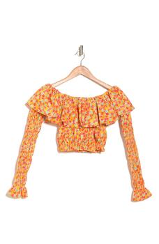 CAROLINE CONSTAS是什么牌子, CAROLINE CONSTAS | Lydia Floral Ruffle Long Sleeve Crop Top商品图片 3.7折