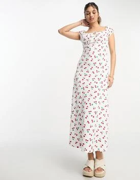 ASOS | ASOS DESIGN cap sleeve ruched midi tea dress in white cherry print 7.0折