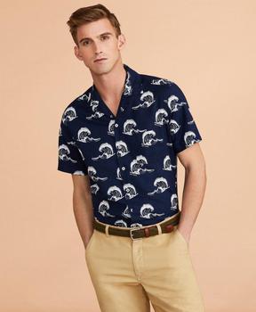 product Wave-Print Linen-Cotton Camp Collar Short-Sleeve Shirt image