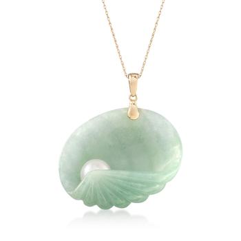 商品Ross-Simons 8mm Cultured Pearl and Green Jade Seashell Pendant Necklace in 14kt Yellow Gold图片