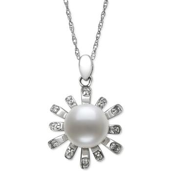 推荐Cultured Freshwater Button Pearl (8mm) & Diamond Accent Sunburst 18" Pendant Necklace in Sterling Silver商品