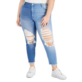 推荐Trendy Plus Size Two-Tone Destructed Mom Jeans商品
