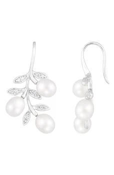 Splendid Pearls | Rhodium Plated Sterling Silver 7–8mm Cultured Freshwater Pearl & CZ Branch Drop Earrings 独家减免邮费
