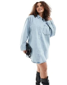 ASOS | ASOS DESIGN Curve denim mini shirt dress with front pockets in bleach wash,商家ASOS,价格¥368