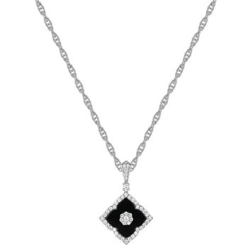 Macy's | Onyx & Diamond (1/4 ct. t.w.) Flower 18" Pendant Necklace in 14k White Gold商品图片,3.5折, 独家减免邮费