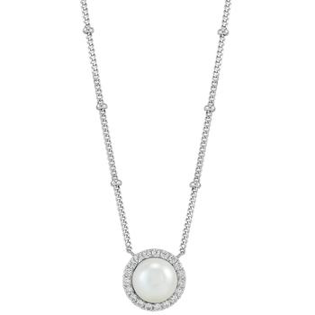 商品Macy's | Cultured Freshwater Button Pearl (8mm) & Cubic Zirconia Halo Pendant Necklace in Sterling Silver, 16" + 2" extender,商家Macy's,价格¥393图片