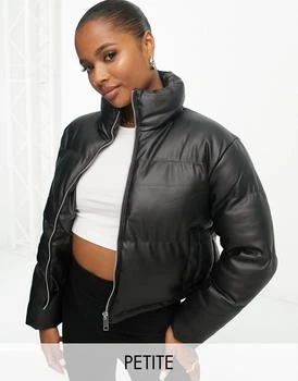 推荐Brave Soul Petite tropic faux leather puffer jacket in black商品