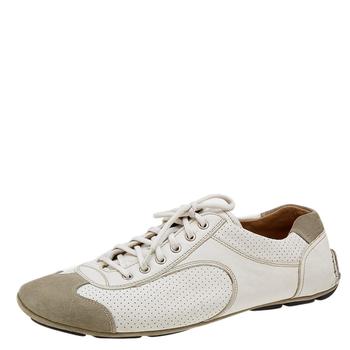 [二手商品] Prada | Prada White/Grey Leather And Suede Perforated Low Top Sneakers Size 44.5商品图片,满1件减$100, 满减