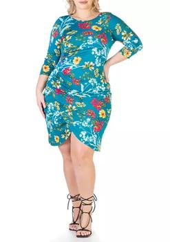 推荐24seven Comfort Apparel Floral Plus Size Elbow Sleeve Ruched Knee Length Dress商品