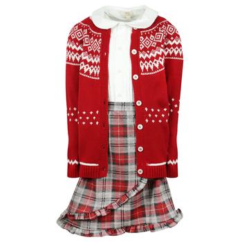推荐Red Grey & White Fair Isle Cardigan Top & Tartan Skirt Set商品