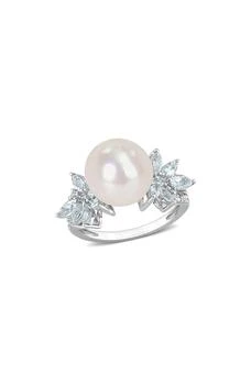 DELMAR | Sterling Silver 11-12mm Freshwater Pearl & Marquise Diamond Ring,商家Nordstrom Rack,价格¥2124