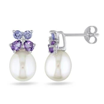 Mimi & Max | Mimi & Max 8-8.5 mm White Cultured Freshwater Pearl, Diamond, Tanzanite and Amethyst Stud Earrings in Sterling Silver 4.7折, 独家减免邮费