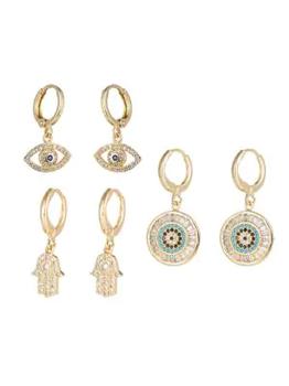 Eye Candy LA | Luxe Hamsa 3-Pair 18K Goldplated & Crystal Huggie Drop Earrings Set商品图片,5折