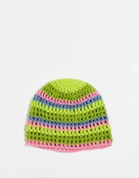 推荐COLLUSION Unisex rainbow festival crochet beanie hat in multi商品