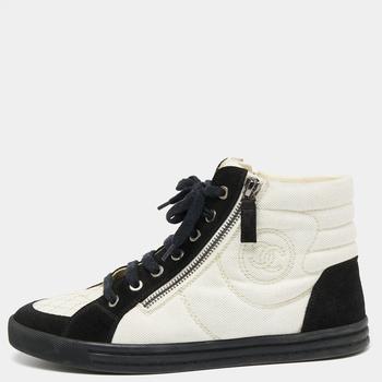 美国香奈儿鞋, [二手商品] Chanel | Chanel Black/White Canvas and Suede CC High Top Sneakers Size 38商品图片 8.6折, 满1件减$100, 满减