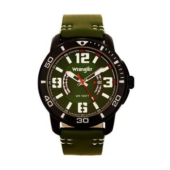 Wrangler | Men's Watch, 48MM IP Black Case with White Printed Arabic Numerals on Outer Black Bezel, Black Dial with Dual Crescent Windows, Date Function, Green Strap with White Accent Stitch Analog 