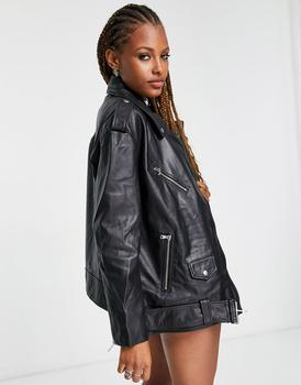 推荐ASOS DESIGN oversized leather biker jacket in black商品