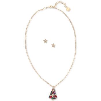 商品Gold-Tone Multicolor Crystal & Imitation Pearl Tree Pendant Necklace & Star Stud Earrings Set, Created for Macy's,商家Macy's,价格¥130图片
