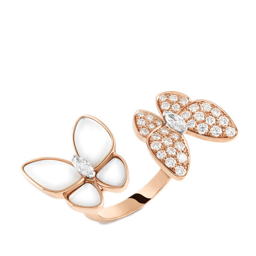 Van Cleef & Arpels |  Van Cleef & Arpels/梵克雅宝 经典Deux Papillons系列 18K金玫瑰金镶钻白珍珠母贝双蝴蝶开口戒指指环VCARO7AL00商品图片,8.6折×额外9.5折, 包邮包税, 额外九五折