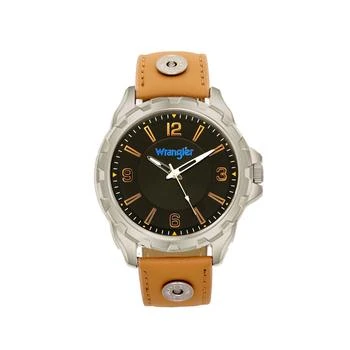 Wrangler | Men's Watch, 53.5MM Silver Colored Case, Black Dial with Notched Bezel, Zoned Dial with White Arabic Numerals, Wheat Leather Strap with Rivets, White Second Hand 