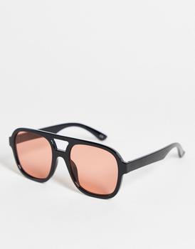 ASOS | ASOS DESIGN frame oversized plastic aviator sunglasses with peach lens in black商品图片,6.1折