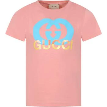 Gucci | Pink T-shirt For Girl With Logo Print 9.2折