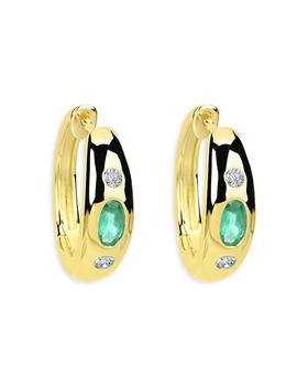 商品14K Yellow Gold Emerald & Diamond Huggie Hoop Earrings图片