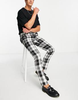 推荐Twisted Tailor Tall smart trousers in black and white check with pocket chain detail商品