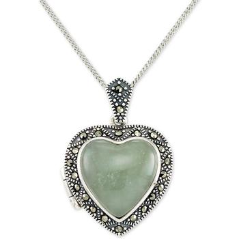 商品Macy's | Jade (13mm) & Marcasite Heart Locket 18" Pendant Necklace in Sterling Silver,商家Macy's,价格¥464图片