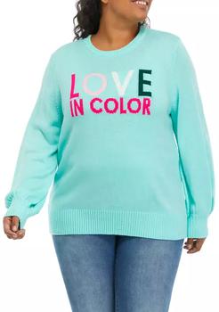 Love Stitch, Crown & Ivy™ | Plus Size Lantern Sleeve Love in Color Stitched Sweater商品图片 3折