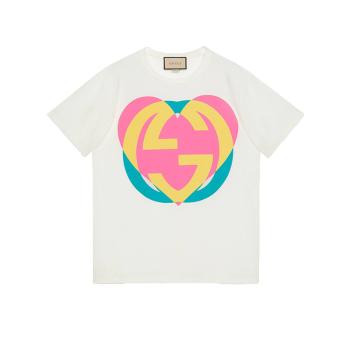 Gucci | 【预售3-7天】GUCCI/古驰 22年春夏新款 爱的进行曲系列 女士白色纯棉互扣式双G心形印花短袖T恤‎615044XJD639070商品图片,8折, 包邮包税