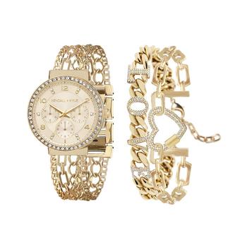 推荐Women's Two-Tone Gold and White Crystal 'Love' Stainless Steel Strap Analog Watch and Bracelet Set商品