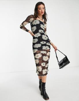 美国Topshop, Topshop | Topshop 70s floral mesh ruched midi dress in multi商品图片 5.5折