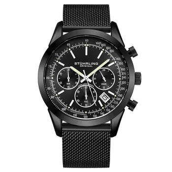 Stuhrling | Men's Quartz Chronograph Date Black Stainless Steel Mesh Bracelet Watch 44mm,商家Macy's,价格¥470
