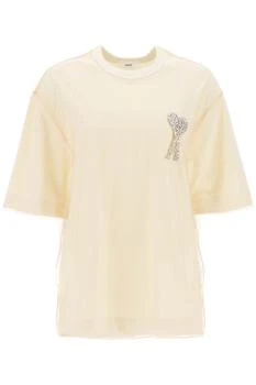 AMI | Jersey And Tulle T Shirt With Rhinestone Studded Logo 6.8折