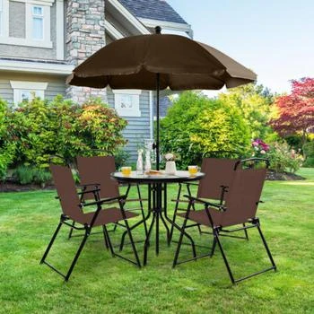 Hivvago | 6 Pieces Patio Dining Set Folding Chairs Glass Table Tilt Umbrella for Garden-Coffee,商家Premium Outlets,价格¥1723