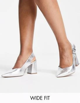 ASOS | ASOS DESIGN Wide Fit West slingback block heeled shoes in silver 独家减免邮费