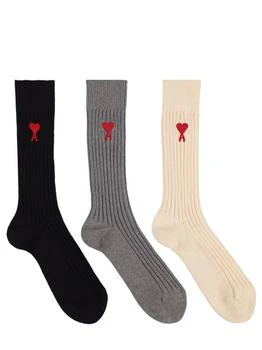 AMI | 3 Pack Logo Embroidered Cotton Socks 额外6.5折, 额外六五折