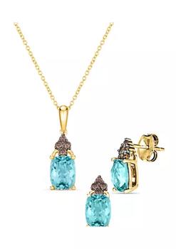 商品Le Vian | 1/5 ct. t.w. Vanilla Diamond® and 2.4 ct. t.w. Aquamarine Pendant Necklace and Earrings Set in 14K Honey Gold™,商家Belk,价格¥6476图片