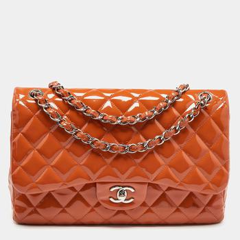 chanel包, [二手商品] Chanel | Chanel Orange Quilted Patent Leather Jumbo Classic Double Flap Bag商品图片 8.7折, 满1件减$100, 满减