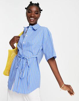 Topshop | Topshop tie waist short sleeve stripe poplin shirt in blue商品图片,