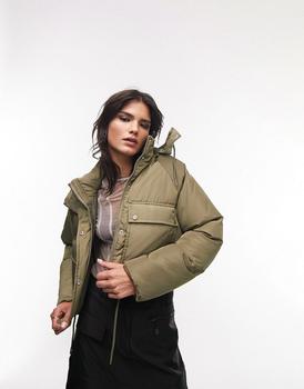 Topshop | Topshop cropped hooded puffer jacket in khaki商品图片,