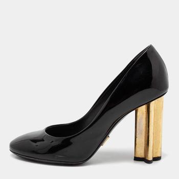 lv女鞋, [二手商品] Louis Vuitton | Louis Vuitton Black Patent Leather Round Toe Block Heel Pumps Size 36.5商品图片 