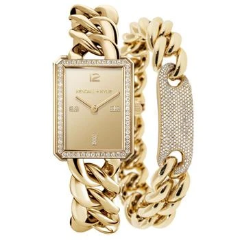KENDALL & KYLIE | Women's Gold Tone Chunky Chain with Rectangle Face Stainless Steel Strap Analog Watch Matching Bracelet Set 
