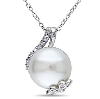 商品12 - 12.5 Mm White Cultured Freshwater Pearl and 1/10 CT TW Diamond Swirl Pendant with Chain In Sterling Silver图片