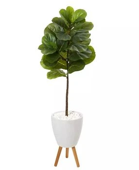 NEARLY NATURAL | 57in. Fiddle Leaf Artificial Tree in White Planter with Stand Real Touch,商家Macy's,价格¥1593