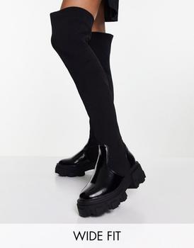 ASOS | ASOS DESIGN Wide Fit Kimmy flat chunky over the knee boots in black商品图片,